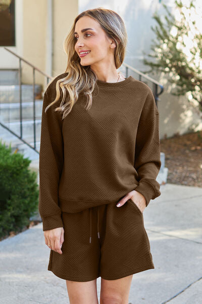 Double Take Texture Long Sleeve Top and Shorts Set