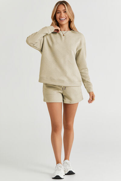 Double Take Texture Long Sleeve Top and Shorts Set